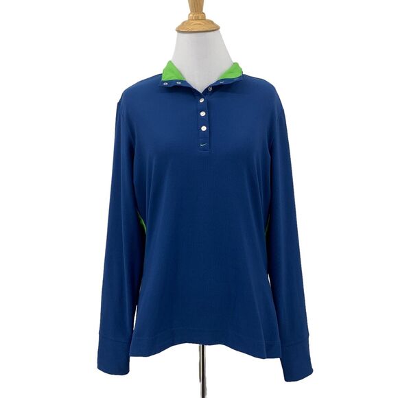 Nike Golf Dri Fit Top Womens Medium Blue Green Snap Button Collar Long Sleeve - Picture 1 of 11